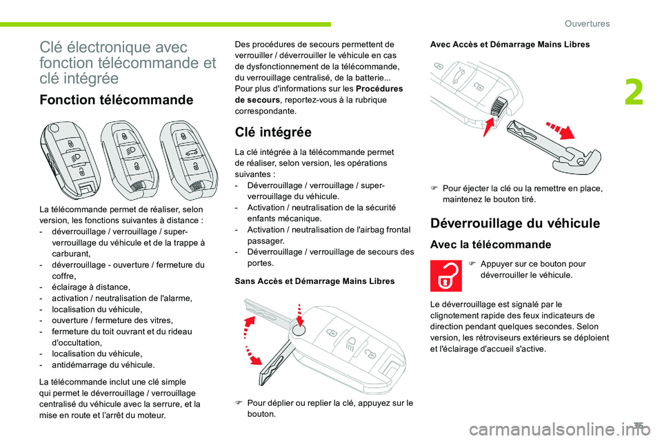 CITROEN C5 AIRCROSS 2020 Notices Demploi (in French) 35
Clé électronique avec
fonction télécommande et
clé intégrée
Fonction télécommande
La télécommande inclut une clé simple
qui permet le déverrouillage / verrouillage
centralisé du CITROEN C5 AIRCROSS 2020 Notices Demploi (in French) 35
Clé électronique avec
fonction télécommande et
clé intégrée
Fonction télécommande
La télécommande inclut une clé simple
qui permet le déverrouillage / verrouillage
centralisé du