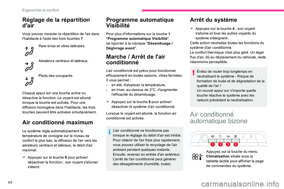CITROEN C5 AIRCROSS 2020 Notices Demploi (in French) 64
Réglage de la répartition
d'air
Vous pouvez moduler la répartition de l'air dans
l'habitacle à l'aide des trois touches 7.
Pare-brise et vitres latérales.
Aérateurs centraux CITROEN C5 AIRCROSS 2020 Notices Demploi (in French) 64
Réglage de la répartition
d'air
Vous pouvez moduler la répartition de l'air dans
l'habitacle à l'aide des trois touches 7.
Pare-brise et vitres latérales.
Aérateurs centraux