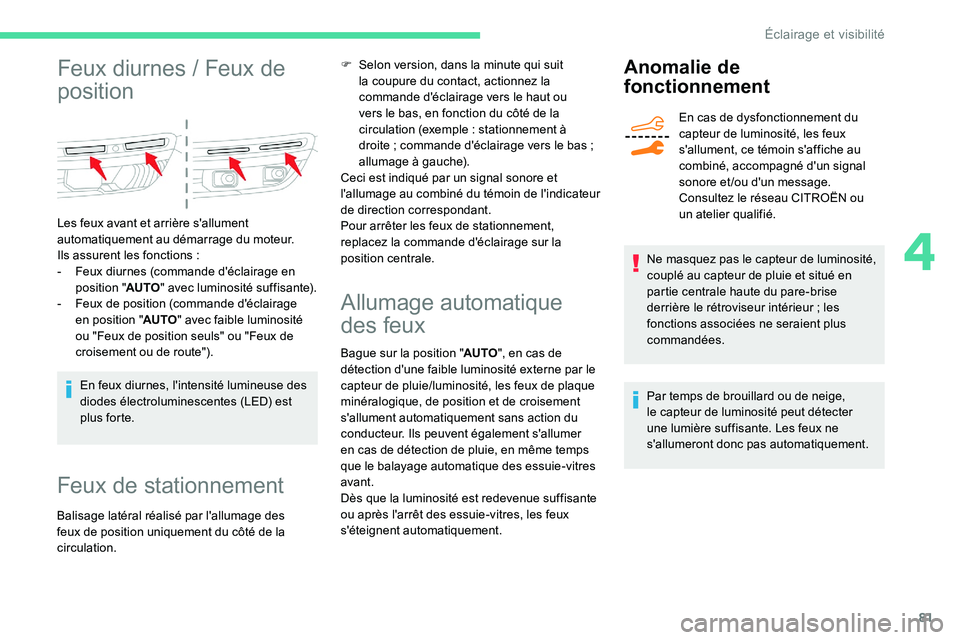 CITROEN C5 AIRCROSS 2020 Notices Demploi (in French) 81
Feux diurnes / Feux de
p osition
Les feux avant et arrière s'allument
automatiquement au démarrage du moteur.
Ils assurent les fonctions
:
-
F
eux diurnes (commande d'éclairage en CITROEN C5 AIRCROSS 2020 Notices Demploi (in French) 81
Feux diurnes / Feux de
p osition
Les feux avant et arrière s'allument
automatiquement au démarrage du moteur.
Ils assurent les fonctions
:
-
F
eux diurnes (commande d'éclairage en