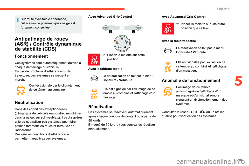 CITROEN C5 AIRCROSS 2020 Notices Demploi (in French) 93
Sur route avec faible adhérence,
l'utilisation de pneumatiques neige est
fortement conseillée.
Antipatinage de roues
(ASR) / Contrôle dynamique
de stabilité (CDS)
Fonctionnement
Ces sy CITROEN C5 AIRCROSS 2020 Notices Demploi (in French) 93
Sur route avec faible adhérence,
l'utilisation de pneumatiques neige est
fortement conseillée.
Antipatinage de roues
(ASR) / Contrôle dynamique
de stabilité (CDS)
Fonctionnement
Ces sy
