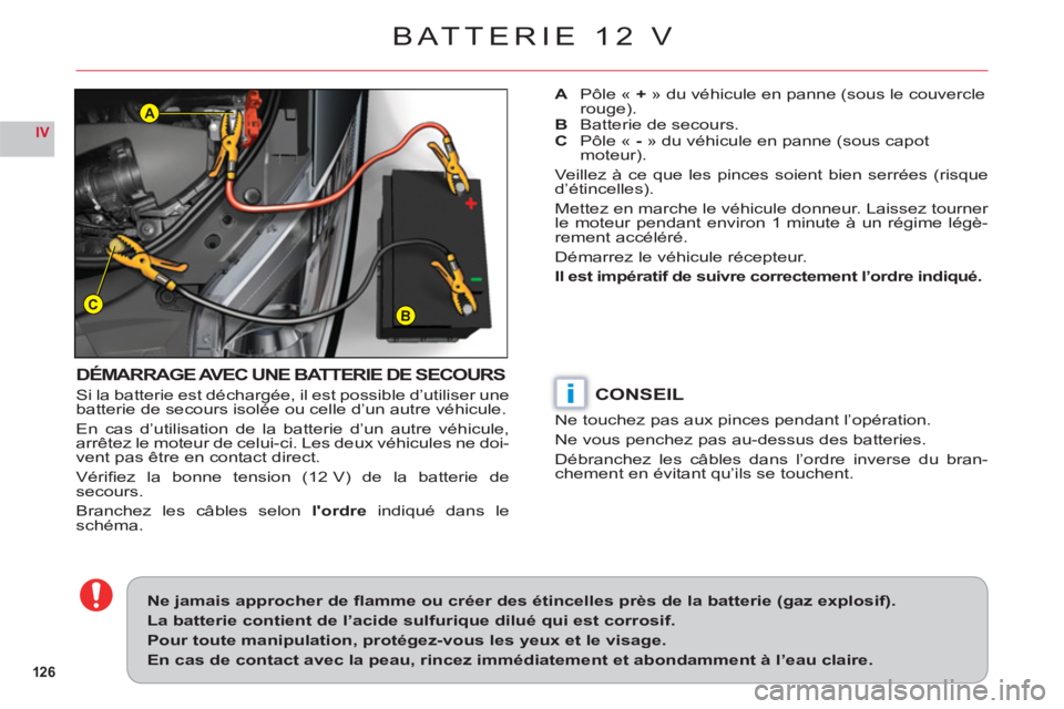 CITROEN C6 2012  Notices Demploi (in French) 126
IV
BC
A
i
BATTERIE 12 V
DÉMARRAGE AVEC UNE BATTERIE DE SECOURS
Si la batterie est déchargée, il est possible d’utiliser une batterie de secours isolée ou celle d’un autre véhicule.
En cas