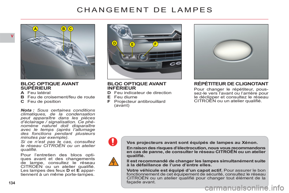 CITROEN C6 2012  Notices Demploi (in French) 134
V
DEF
ACB
BLOC OPTIQUE AVANT 
SUPÉRIEUR
AFeu latéralBFeu de croisement/feu de routeC Feu de position
Nota :Sous certaines conditions climatiques, de la condensationpeut apparaître dans les piè