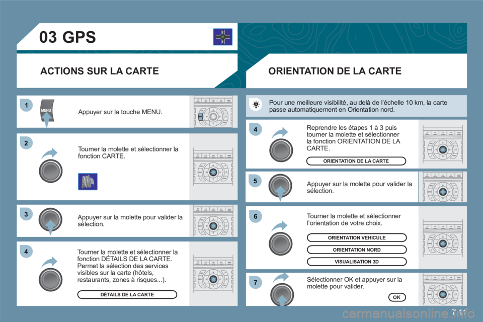 CITROEN C6 2012 Notices Demploi (in French) 7.11
03
11
22
33
44
55
66
77
44
Appuyer sur la touche MENU.
Tourner la molette et sélectionner lafonction CARTE.
Appuyer sur la molette pour valider la sélection.
Tourner la molette et sélection CITROEN C6 2012 Notices Demploi (in French) 7.11
03
11
22
33
44
55
66
77
44
Appuyer sur la touche MENU.
Tourner la molette et sélectionner lafonction CARTE.
Appuyer sur la molette pour valider la sélection.
Tourner la molette et sélection