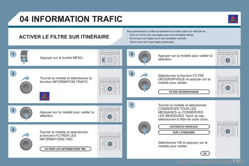 CITROEN C6 2012 Notices Demploi (in French) 7.15
55
66
77
11
22
33
44
04
ACTIVER LE FILTRE SUR ITINÉRAIRE
Nous préconisons un fi ltre sur itinÈraire et un fi ltre autour du vÈhicule de : - 5 km ou 10 km pour une rÈgion avec une cir CITROEN C6 2012 Notices Demploi (in French) 7.15
55
66
77
11
22
33
44
04
ACTIVER LE FILTRE SUR ITINÉRAIRE
Nous préconisons un fi ltre sur itinÈraire et un fi ltre autour du vÈhicule de : - 5 km ou 10 km pour une rÈgion avec une cir