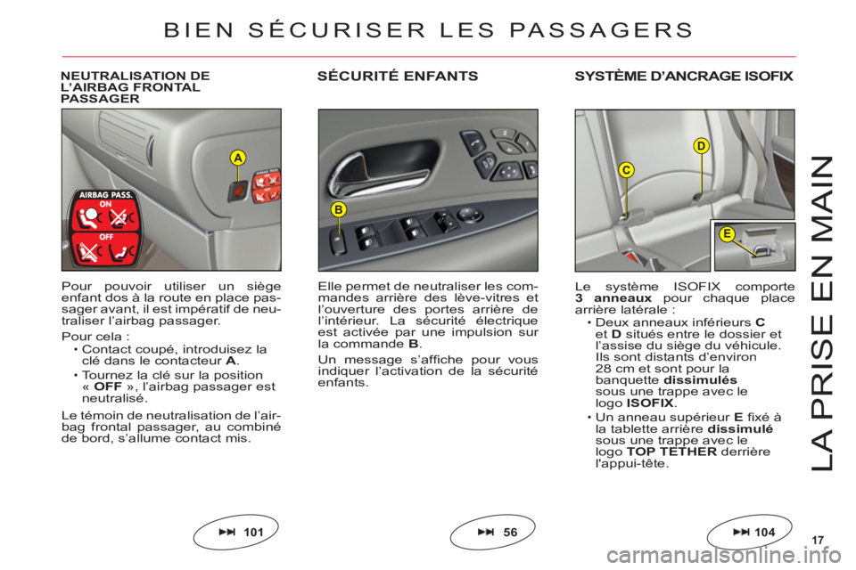 CITROEN C6 2012  Notices Demploi (in French) 17
D
C
E
B
A
LA PRI
S
E EN MAI
N
NEUTRALISATION DEL’AIRBAG FRONTAL PASSAGER
SÉCURITÉ ENFANTSSYSTÈME D’ANCRAGE ISOFIX
Pour pouvoir utiliser un siègeenfant dos à la route en place pas-sager ava