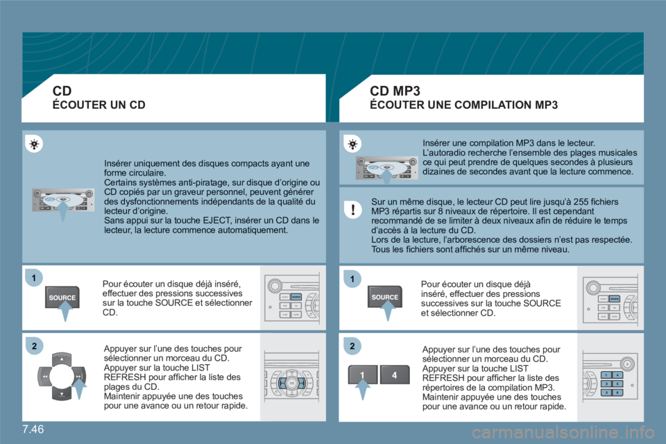 CITROEN C6 2012 Notices Demploi (in French) 7.46
11
22
11
22
Insérer uniquement des disques compacts ayant une forme circulaire.
Certains systèmes anti-piratage, sur disque d’origine ouCD copiés par un graveur personnel, peuvent géné CITROEN C6 2012 Notices Demploi (in French) 7.46
11
22
11
22
Insérer uniquement des disques compacts ayant une forme circulaire.
Certains systèmes anti-piratage, sur disque d’origine ouCD copiés par un graveur personnel, peuvent géné