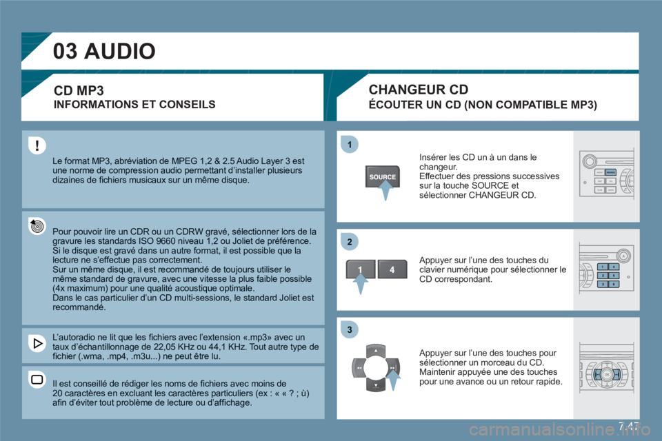 CITROEN C6 2012 Notices Demploi (in French) 7.47
03
11
22
33
Le format MP3, abréviation de MPEG 1,2 & 2.5 Audio Layer 3 estune norme de compression audio permettant d’installer plusieursdizaines de fi chiers musicaux sur un mÍme disque. CITROEN C6 2012 Notices Demploi (in French) 7.47
03
11
22
33
Le format MP3, abréviation de MPEG 1,2 & 2.5 Audio Layer 3 estune norme de compression audio permettant d’installer plusieursdizaines de fi chiers musicaux sur un mÍme disque.