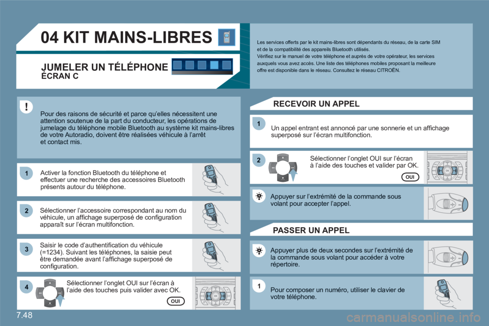 CITROEN C6 2012 Notices Demploi (in French) 7.48
11
22
33
11
22
4411
04KIT MAINS-LIBRES
Pour des raisons de sécurité et parce qu’elles nécessitent une attention soutenue de la part du conducteur, les opérations dejumelage du téléphone CITROEN C6 2012 Notices Demploi (in French) 7.48
11
22
33
11
22
4411
04KIT MAINS-LIBRES
Pour des raisons de sécurité et parce qu’elles nécessitent une attention soutenue de la part du conducteur, les opérations dejumelage du téléphone