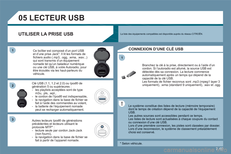 CITROEN C6 2012 Notices Demploi (in French) 7.49
11
05
11
22
33
LECTEUR USB
Le système constitue des listes de lecture (mémoire temporaire)dont le temps de création dépend de la capacité de l’équipement USB. Les au CITROEN C6 2012 Notices Demploi (in French) 7.49
11
05
11
22
33
LECTEUR USB
Le système constitue des listes de lecture (mémoire temporaire)dont le temps de création dépend de la capacité de l’équipement USB. Les au