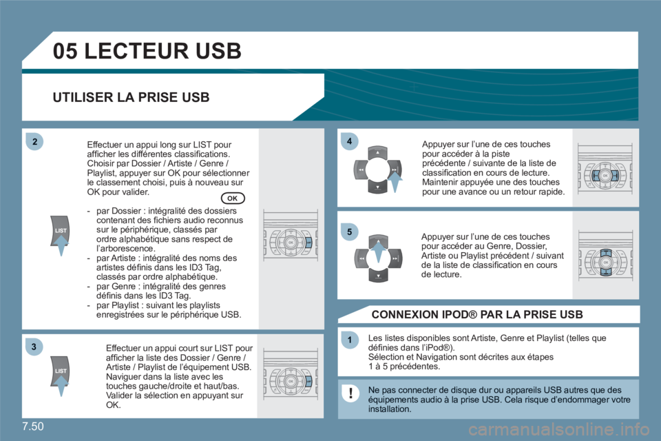 CITROEN C6 2012 Notices Demploi (in French) 7.50
33
05
44
11
55
22
LECTEUR USB
UTILISER LA PRISE USB
Effectuer un appui court sur LIST pour affi cher la liste des Dossier / Genre / Artiste / Playlist de l’équipement USB.Naviguer dans la CITROEN C6 2012 Notices Demploi (in French) 7.50
33
05
44
11
55
22
LECTEUR USB
UTILISER LA PRISE USB
Effectuer un appui court sur LIST pour affi cher la liste des Dossier / Genre / Artiste / Playlist de l’équipement USB.Naviguer dans la