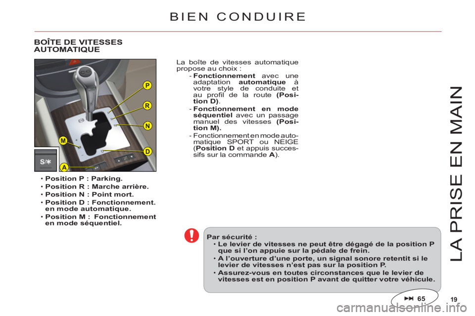 CITROEN C6 2012  Notices Demploi (in French) 19
P
R
N
A
D
M
LA PRI
S
E EN MAI
N
Position P : Parking.
Position R : Marche arrière.
Position N : Point mort.Position D : Fonctionnement.en mode automatique.
Position M :  Fonctionnementen mode séq