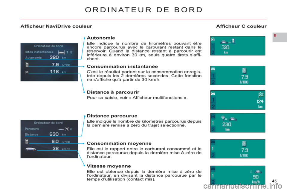 CITROEN C6 2012 Notices Demploi (in French) 45
II
ORDINATEUR DE BORD
Affi cheur C couleurAffi cheur NaviDrive couleur
Autonomie
Elle indique le nombre de kilomètres pouvant être encore parcourus avec le carburant restant dans le
réservoir CITROEN C6 2012 Notices Demploi (in French) 45
II
ORDINATEUR DE BORD
Affi cheur C couleurAffi cheur NaviDrive couleur
Autonomie
Elle indique le nombre de kilomètres pouvant être encore parcourus avec le carburant restant dans le
réservoir