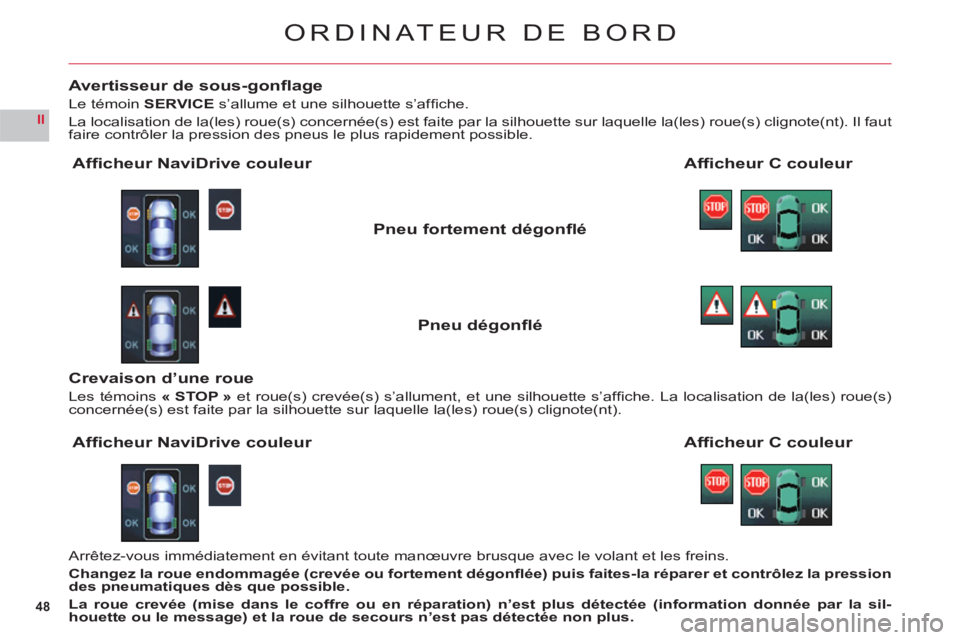 CITROEN C6 2012 Notices Demploi (in French) 48
II
ORDINATEUR DE BORD
Avertisseur de sous-gonfl age
Le témoin SERVICEs’allume et une silhouette s’affi che.
La localisation de la(les) roue(s) concernÈe(s) est faite par la silhouette sur l CITROEN C6 2012 Notices Demploi (in French) 48
II
ORDINATEUR DE BORD
Avertisseur de sous-gonfl age
Le témoin SERVICEs’allume et une silhouette s’affi che.
La localisation de la(les) roue(s) concernÈe(s) est faite par la silhouette sur l