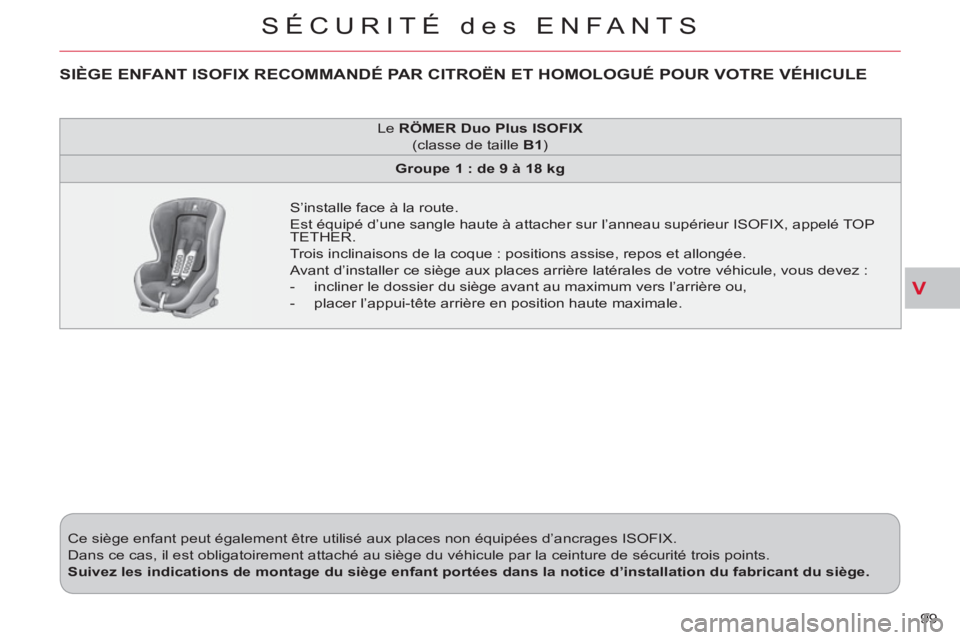 CITROEN C-CROSSER 2012 Notices Demploi (in French) V
SÉCURITÉ des ENFANTS
99 Ce siège enfant peut également être utilisé aux places non équipées d’ancrages ISOFIX.
Dans ce cas, il est obligatoirement attaché au siège du véhicule par CITROEN C-CROSSER 2012 Notices Demploi (in French) V
SÉCURITÉ des ENFANTS
99 Ce siège enfant peut également être utilisé aux places non équipées d’ancrages ISOFIX.
Dans ce cas, il est obligatoirement attaché au siège du véhicule par