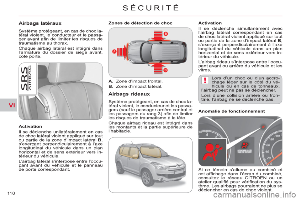 CITROEN C-CROSSER 2012 Notices Demploi (in French) VI
!
SÉCURITÉ
11 0
Airbags latéraux
Système protégeant, en cas de choc la-
téral violent, le conducteur et le passa-
ger avant afi n de limiter les risques de
traumatisme au thorax.
Chaq CITROEN C-CROSSER 2012 Notices Demploi (in French) VI
!
SÉCURITÉ
11 0
Airbags latéraux
Système protégeant, en cas de choc la-
téral violent, le conducteur et le passa-
ger avant afi n de limiter les risques de
traumatisme au thorax.
Chaq