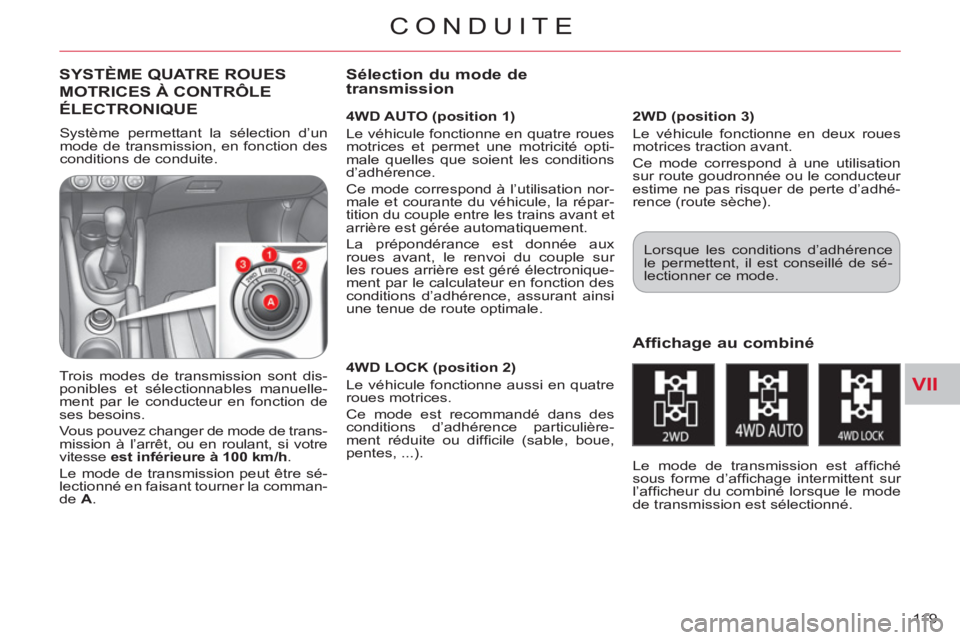 CITROEN C-CROSSER 2012 Notices Demploi (in French) VII
CONDUITE
119
SYSTÈME QUATRE ROUES
MOTRICES À CONTRÔLE
ÉLECTRONIQUE
4WD AUTO (position 1)
Le véhicule fonctionne en quatre roues
motrices et permet une motricité opti-
male quelles CITROEN C-CROSSER 2012 Notices Demploi (in French) VII
CONDUITE
119
SYSTÈME QUATRE ROUES
MOTRICES À CONTRÔLE
ÉLECTRONIQUE
4WD AUTO (position 1)
Le véhicule fonctionne en quatre roues
motrices et permet une motricité opti-
male quelles