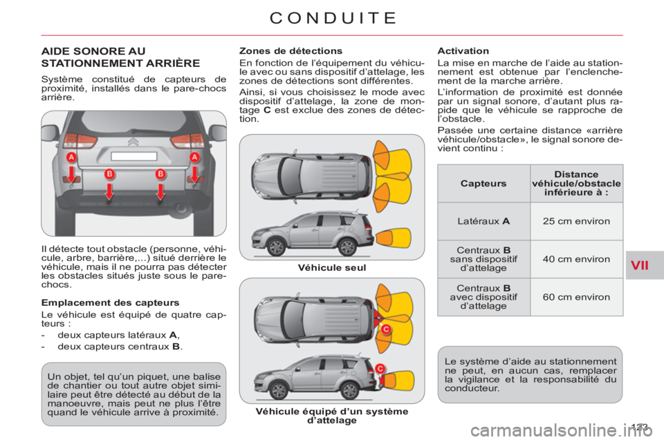 CITROEN C-CROSSER 2012  Notices Demploi (in French) VII
CONDUITE
123 
AIDE SONORE AU 
STATIONNEMENT ARRIÈRE 
  Il détecte tout obstacle (personne, véhi-
cule, arbre, barrière,...) situé derrière le 
véhicule, mais il ne pourra pas détecter 
les