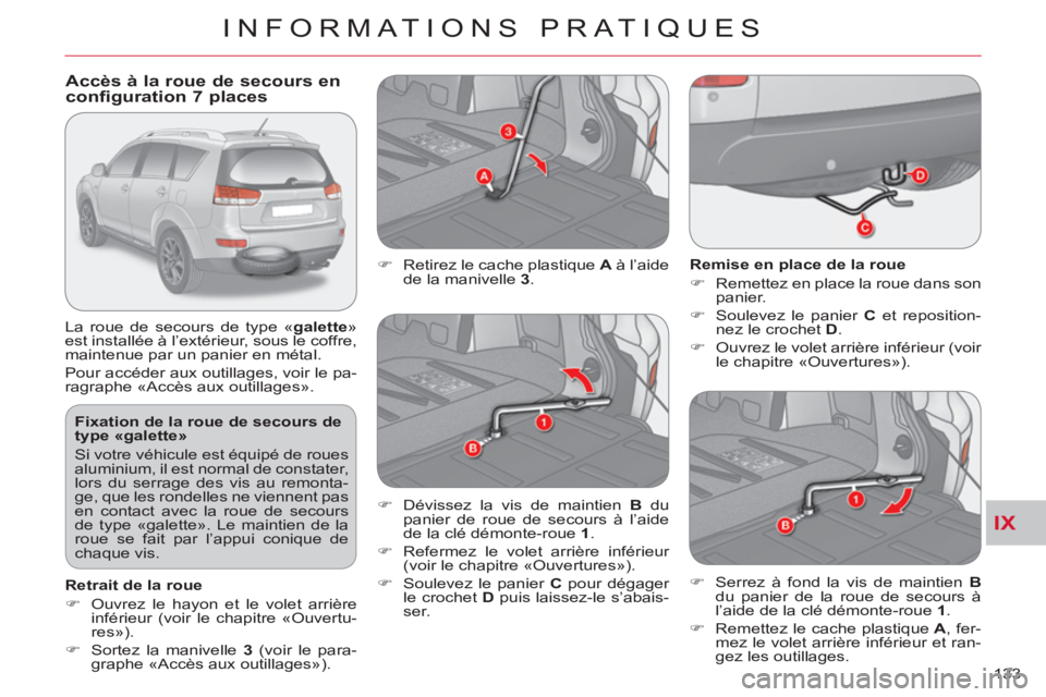 CITROEN C-CROSSER 2012  Notices Demploi (in French) IX
INFORMATIONS PRATIQUES
133     
Fixation de la roue de secours de 
type «galette» 
  Si votre véhicule est équipé de roues 
aluminium, il est normal de constater, 
lors du serrage des vis au r