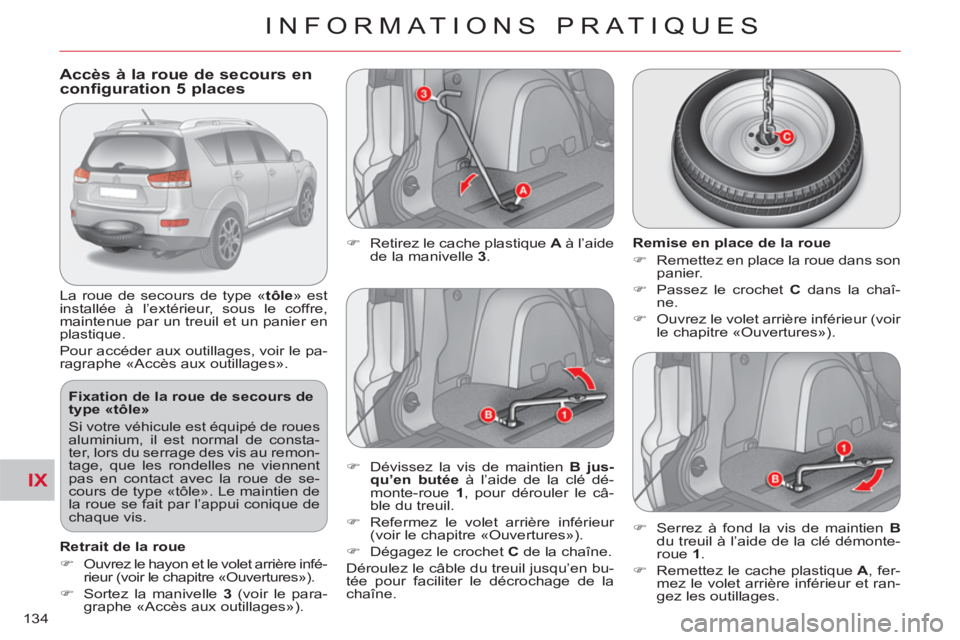 CITROEN C-CROSSER 2012  Notices Demploi (in French) IX
INFORMATIONS PRATIQUES
134
   
 
 
 
 
 
 
 
 
 
 
Accès à la roue de secours en configuration 5 places
 
La roue de secours de type « tôle 
» est 
installée à l’extérieur, sous le coffre
