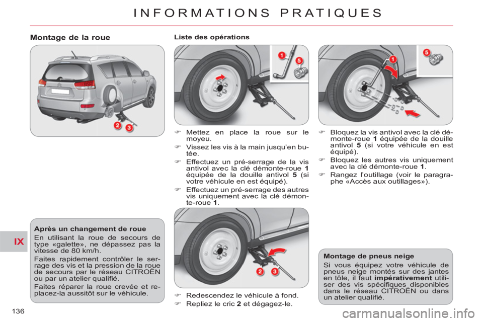 CITROEN C-CROSSER 2012  Notices Demploi (in French) IX
INFORMATIONS PRATIQUES
136
   
Après un changement de roue 
  En utilisant la roue de secours de 
type «galette», ne dépassez pas la 
vitesse de 80 km/h. 
  Faites rapidement contrôler le ser-