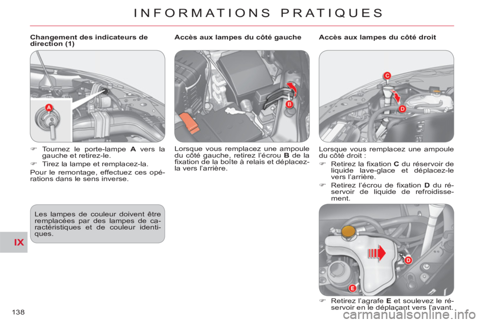 CITROEN C-CROSSER 2012  Notices Demploi (in French) IX
INFORMATIONS PRATIQUES
138
   
Changement des indicateurs de 
direction (1) 
  Les lampes de couleur doivent être 
remplacées par des lampes de ca-
ractéristiques et de couleur identi-
ques.    