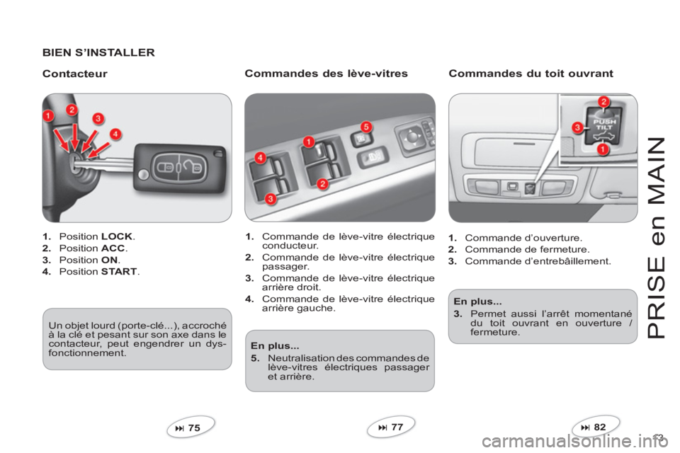 CITROEN C-CROSSER 2012  Notices Demploi (in French) 13 
PRI
S
E en MAI
N
   
BIEN S’INSTALLER  
   
Contacteur 
1. 
 Position LOCK.
2. 
 Position ACC.
3. 
 Position ON 
. 
4. 
 Position STA RT . 
 
�75  
 
Commandes des lève-vitres 
1.  Commande de