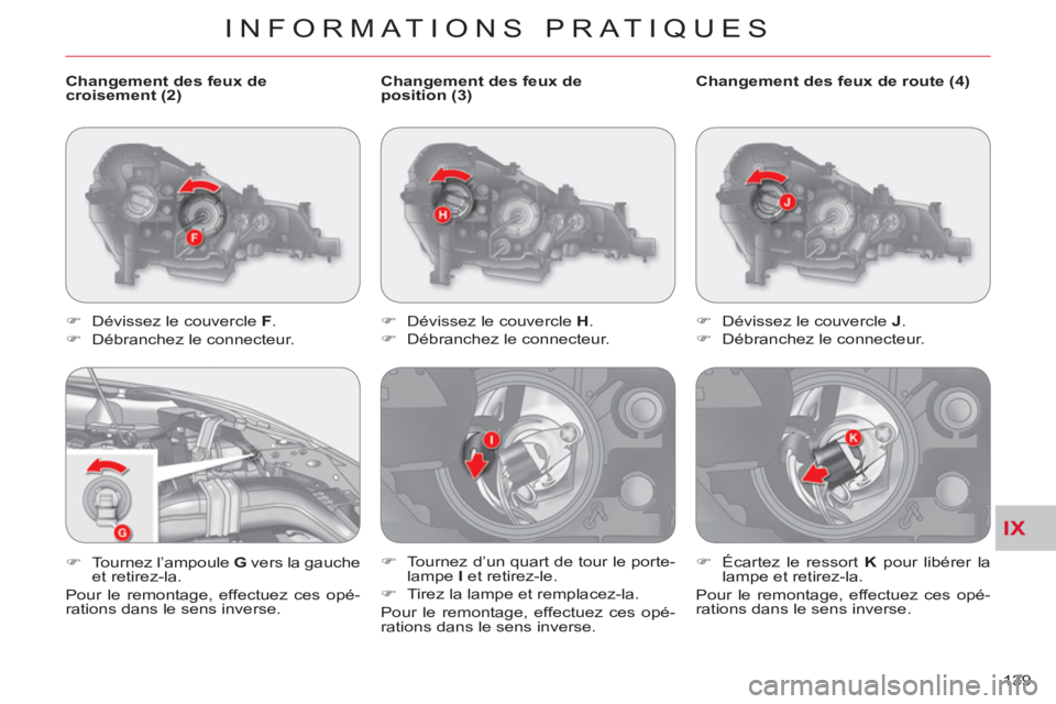 CITROEN C-CROSSER 2012  Notices Demploi (in French) IX
INFORMATIONS PRATIQUES
139     
Changement des feux de 
position (3) 
   
 
�) 
  Dévissez le couvercle  H 
. 
   
�) 
  Débranchez le connecteur. 
   
�) 
  Tournez d’un quart de tour le porte