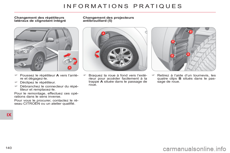 CITROEN C-CROSSER 2012  Notices Demploi (in French) IX
INFORMATIONS PRATIQUES
140
   
Changement des répétiteurs 
latéraux de clignotant intégré    
Changement des projecteurs 
antibrouillard (5) 
   
 
�) 
  Poussez le répétiteur  A 
 vers l’