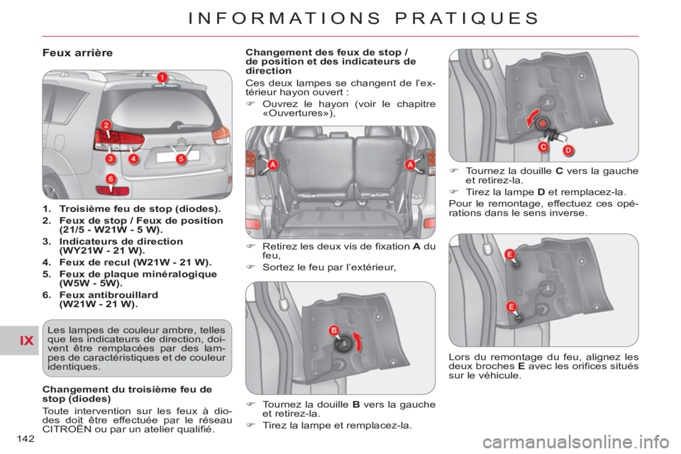 CITROEN C-CROSSER 2012  Notices Demploi (in French) IX
INFORMATIONS PRATIQUES
142
Feux arrière 
   
 
1. 
  Troisième feu de stop (diodes). 
 
   
2. 
  Feux de stop / Feux de position 
(21/5 - W21W - 5 W). 
 
   
3. 
  Indicateurs de direction 
(WY2