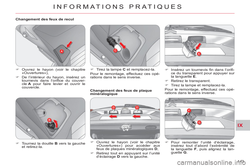 CITROEN C-CROSSER 2012  Notices Demploi (in French) IX
INFORMATIONS PRATIQUES
143     
Changement des feux de recul 
   
 
�) 
  Ouvrez le hayon (voir le chapitre 
«Ouvertures»), 
   
�) 
  De l’intérieur du hayon, insérez un 
tournevis dans l’