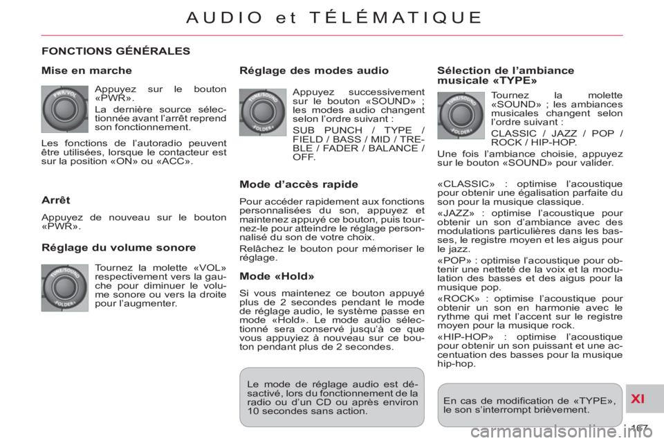 CITROEN C-CROSSER 2012 Notices Demploi (in French) XI
167
AUDIO et TÉLÉMATIQUE
FONCTIONS GÉNÉRALES
Mise en marche
Appuyez sur le bouton
«PWR».
La dernière source sélec-
tionnée avant l’arrêt reprend
son fonctionnement.
R CITROEN C-CROSSER 2012 Notices Demploi (in French) XI
167
AUDIO et TÉLÉMATIQUE
FONCTIONS GÉNÉRALES
Mise en marche
Appuyez sur le bouton
«PWR».
La dernière source sélec-
tionnée avant l’arrêt reprend
son fonctionnement.
R