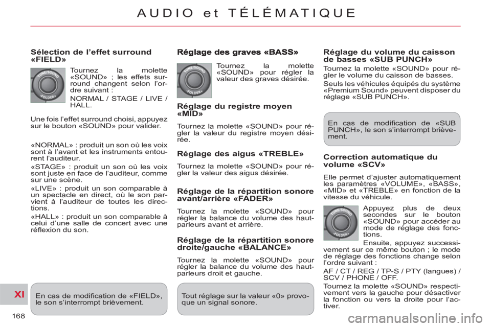 CITROEN C-CROSSER 2012 Notices Demploi (in French) XI
168
AUDIO et TÉLÉMATIQUE
Sélection de l’effet surround «FIELD»
Tournez la molette
«SOUND» ; les effets sur-
round changent selon l’or-
dre suivant :
NORMAL / STAGE / LIVE /
HA CITROEN C-CROSSER 2012 Notices Demploi (in French) XI
168
AUDIO et TÉLÉMATIQUE
Sélection de l’effet surround «FIELD»
Tournez la molette
«SOUND» ; les effets sur-
round changent selon l’or-
dre suivant :
NORMAL / STAGE / LIVE /
HA