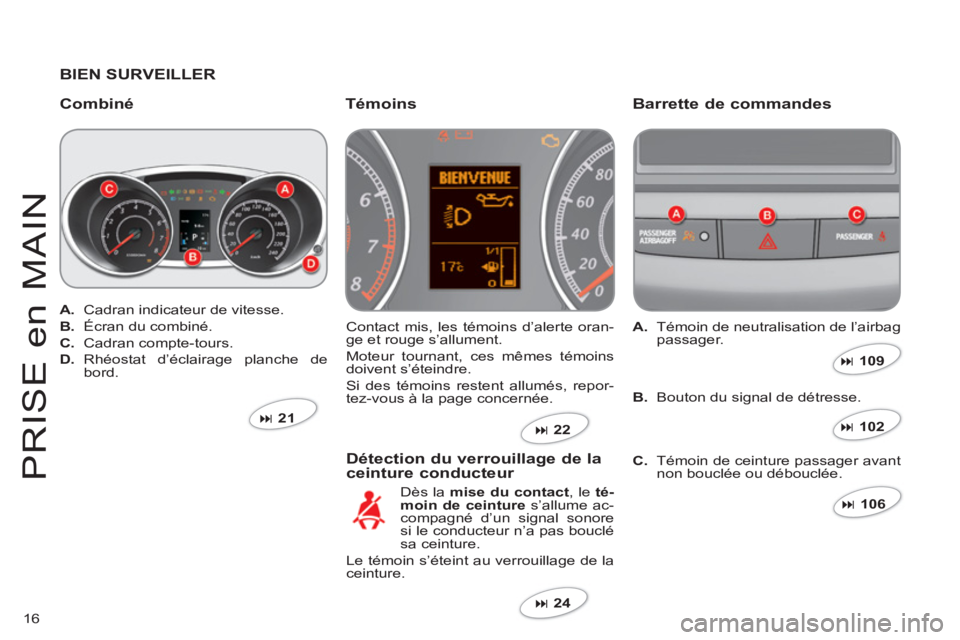 CITROEN C-CROSSER 2012  Notices Demploi (in French) 16
PRI
S
E en MAI
N
   
BIEN SURVEILLER  
   
Combiné  Barrette de commandes 
 Contact mis, les témoins d’alerte oran-ge et rouge s’allument. 
  Moteur tournant, ces mêmes témoins 
doivent s
