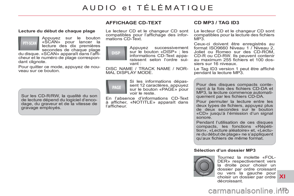 CITROEN C-CROSSER 2012 Notices Demploi (in French) XI
173
AUDIO et TÉLÉMATIQUE
CD MP3 / TAG ID3
Lecture du début de chaque plage
Appuyez sur le bouton
«SCAN» pour lancer la
lecture des dix premières
secondes de chaque plage
du disqu CITROEN C-CROSSER 2012 Notices Demploi (in French) XI
173
AUDIO et TÉLÉMATIQUE
CD MP3 / TAG ID3
Lecture du début de chaque plage
Appuyez sur le bouton
«SCAN» pour lancer la
lecture des dix premières
secondes de chaque plage
du disqu