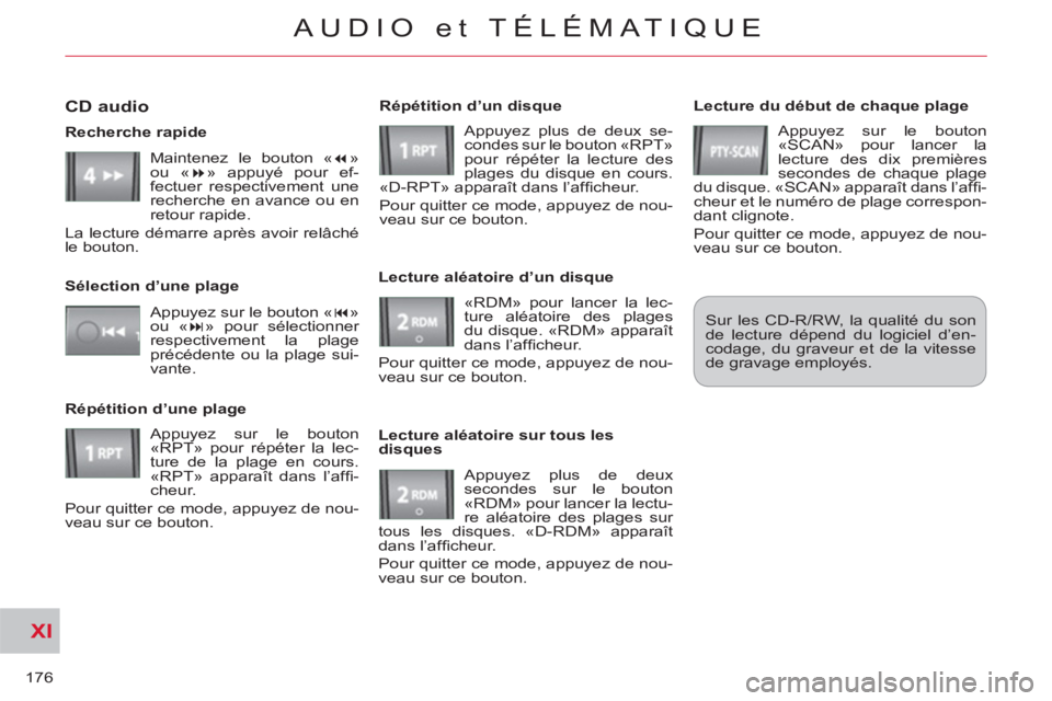 CITROEN C-CROSSER 2012 Notices Demploi (in French) XI
176
AUDIO et TÉLÉMATIQUE
Lecture du début de chaque plage
Appuyez sur le bouton
«SCAN» pour lancer la
lecture des dix premières
secondes de chaque plage
du disque. «SCAN» appara CITROEN C-CROSSER 2012 Notices Demploi (in French) XI
176
AUDIO et TÉLÉMATIQUE
Lecture du début de chaque plage
Appuyez sur le bouton
«SCAN» pour lancer la
lecture des dix premières
secondes de chaque plage
du disque. «SCAN» appara