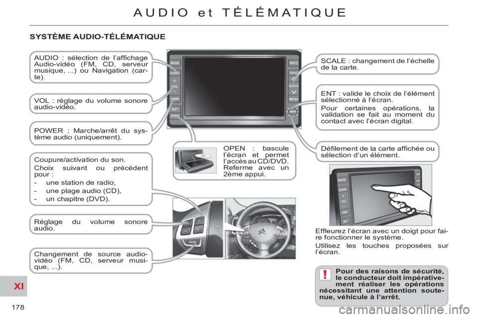 CITROEN C-CROSSER 2012  Notices Demploi (in French) XI
!
178
AUDIO et TÉLÉMATIQUE
   
AUDIO : sélection de l’afﬁ chage 
Audio-vidéo (FM, CD, serveur 
musique, ...) ou Navigation (car-
te).  
   
VOL : réglage du volume sonore 
audio-vidéo.  
