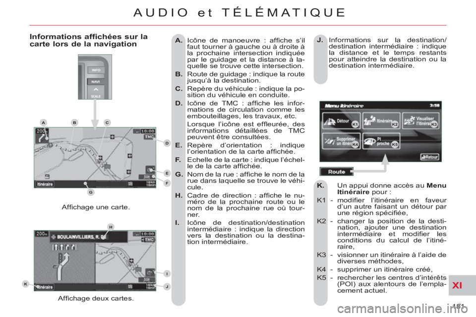 CITROEN C-CROSSER 2012  Notices Demploi (in French) XI
181 
AUDIO et TÉLÉMATIQUE
   
 
A. 
  Icône de manoeuvre : afﬁ che  s’il 
faut tourner à gauche ou à droite à 
la prochaine intersection indiquée 
par le guidage et la distance à la-
qu