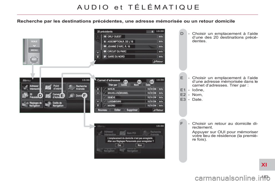 CITROEN C-CROSSER 2012  Notices Demploi (in French) XI
183 
AUDIO et TÉLÉMATIQUE
   
Recherche par les destinations précédentes, une adresse mémorisée ou un retour domicile 
 
E  -  Choisir un emplacement à l’aide 
d’une adresse mémorisée 