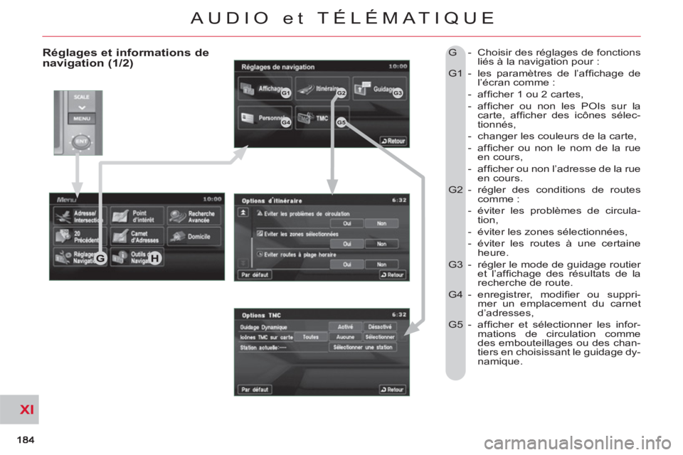 CITROEN C-CROSSER 2012  Notices Demploi (in French) XI
AUDIO et TÉLÉMATIQUE
   
Réglages et informations de
navigation (1/2)  G  -  Choisir des réglages de fonctions 
liés à la navigation pour : 
  G1 -  les paramètres de l’afﬁ chage  de 
l�