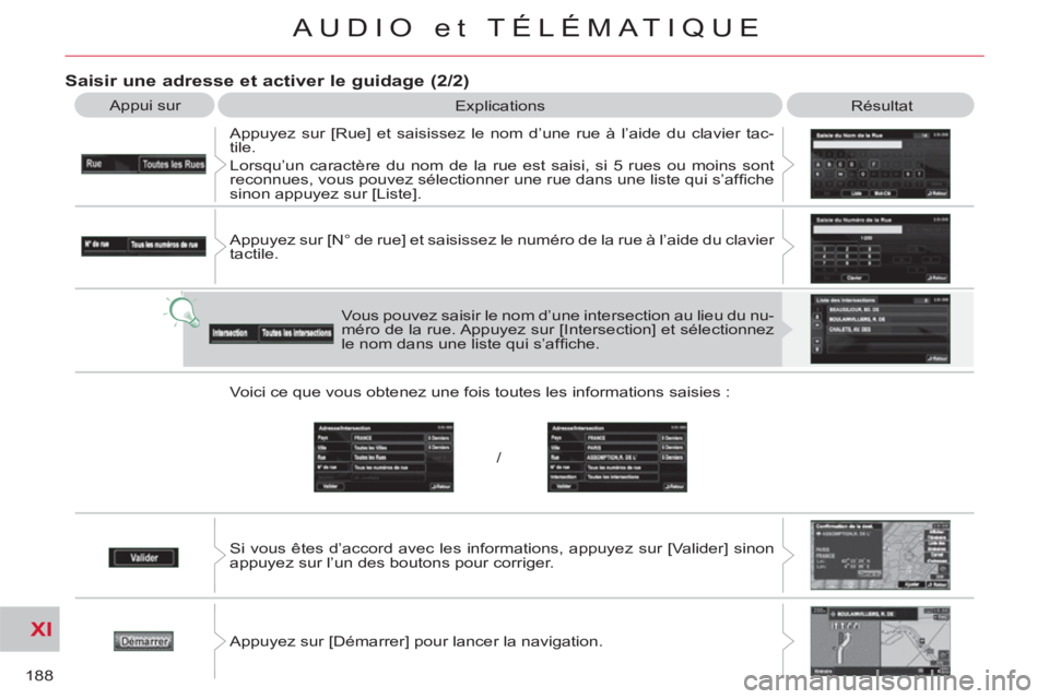 CITROEN C-CROSSER 2012  Notices Demploi (in French) XI
/
188
AUDIO et TÉLÉMATIQUE
   
Saisir une adresse et activer le guidage (2/2) 
 
Appui sur 
  Explications 
  Résultat 
  Appuyez sur [Rue] et saisissez le nom d’une rue à l’aide du clavier