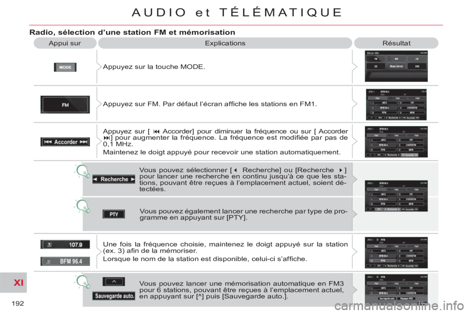 CITROEN C-CROSSER 2012  Notices Demploi (in French) XI
192
AUDIO et TÉLÉMATIQUE
   
Radio, sélection d’une station FM et mémorisation
 
Appuyez sur la touche MODE.    Appui sur   Explications  Résultat 
  Vous pouvez sélectionner [ � 
 Recherc
