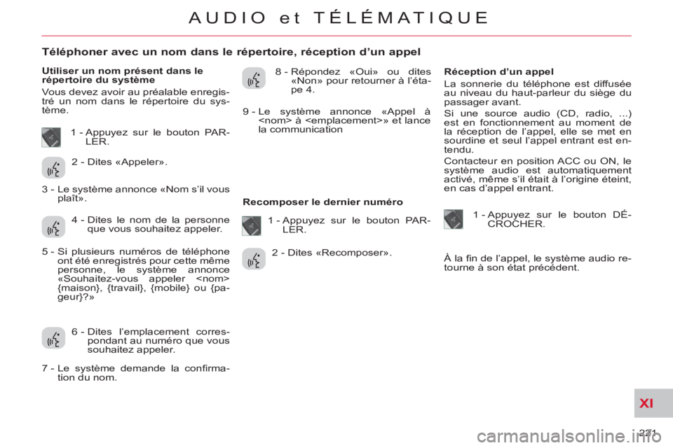 CITROEN C-CROSSER 2012 Notices Demploi (in French) XI
221
AUDIO et TÉLÉMATIQUE
Téléphoner avec un nom dans le répertoire, réception d’un appel
Utiliser un nom présent dans le
répertoire du système
Vo CITROEN C-CROSSER 2012 Notices Demploi (in French) XI
221
AUDIO et TÉLÉMATIQUE
Téléphoner avec un nom dans le répertoire, réception d’un appel
Utiliser un nom présent dans le
répertoire du système
Vo