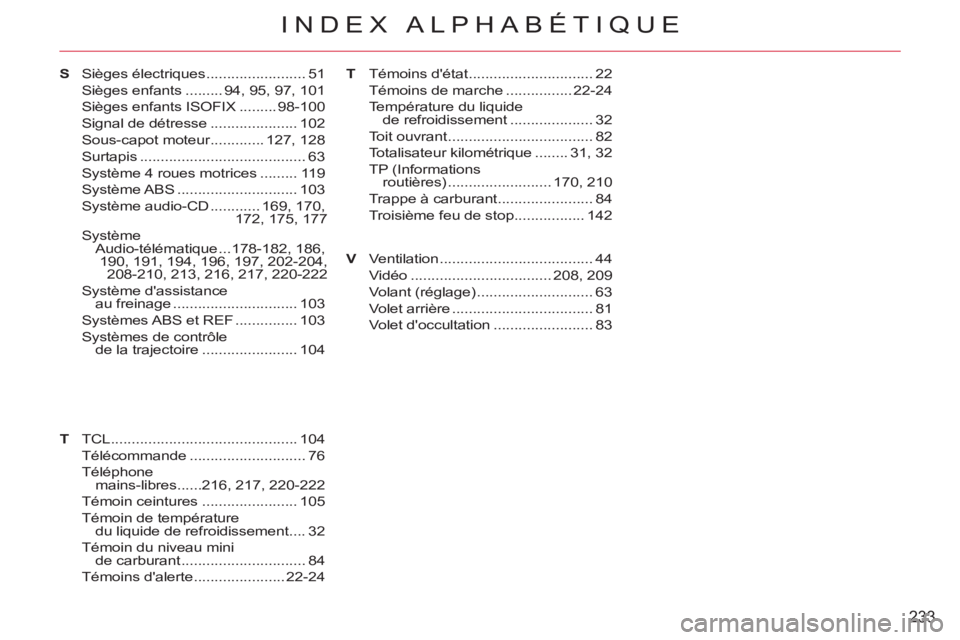 CITROEN C-CROSSER 2012 Notices Demploi (in French) 233
INDEX ALPHABÉTIQUE
TV Sièges électriques ........................ 51
Sièges enfants ......... 94, 95, 97, 101
Sièges enfants ISOFIX ......... 98-100
Signal de détresse ..................... CITROEN C-CROSSER 2012 Notices Demploi (in French) 233
INDEX ALPHABÉTIQUE
TV Sièges électriques ........................ 51
Sièges enfants ......... 94, 95, 97, 101
Sièges enfants ISOFIX ......... 98-100
Signal de détresse .....................