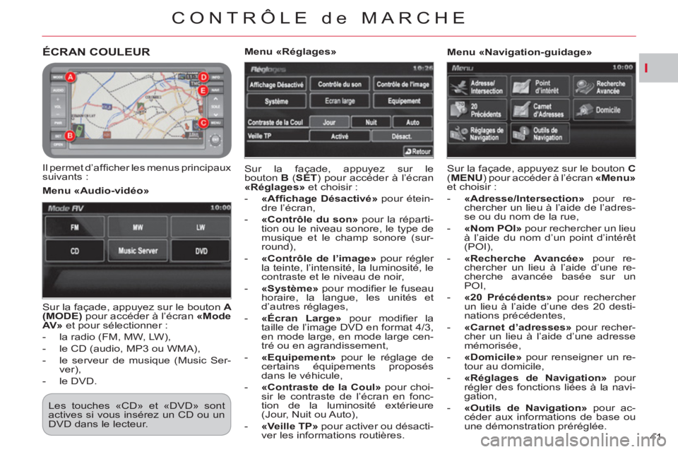 CITROEN C-CROSSER 2012  Notices Demploi (in French) I
CONTRÔLE de MARCHE
41 
ÉCRAN COULEUR
   
Il permet d’afﬁ  cher les menus principaux 
suivants :   Sur la façade, appuyez sur le 
bouton  B 
 ( SET 
) pour accéder à l’écran 
  «Réglage
