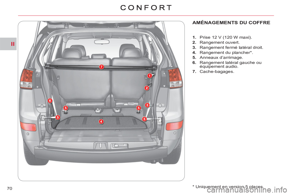 CITROEN C-CROSSER 2012  Notices Demploi (in French) II
70
AMÉNAGEMENTS DU COFFRE
   
 
 
1. 
  Prise 12 V (120 W maxi). 
   
2. 
 Rangement ouvert. 
   
3. 
  Rangement fermé latéral droit. 
   
4. 
  Rangement du plancher * . 
   
5. 
 Anneaux d’