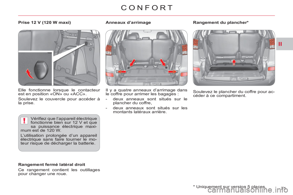 CITROEN C-CROSSER 2012  Notices Demploi (in French) II
!
CONFORT
71     
*  
 Uniquement sur version 5 places.     Soulevez le plancher du coffre pour ac-
céder à ce compartiment.  
 
   
 
Rangement fermé latéral droit 
  Ce rangement contient les