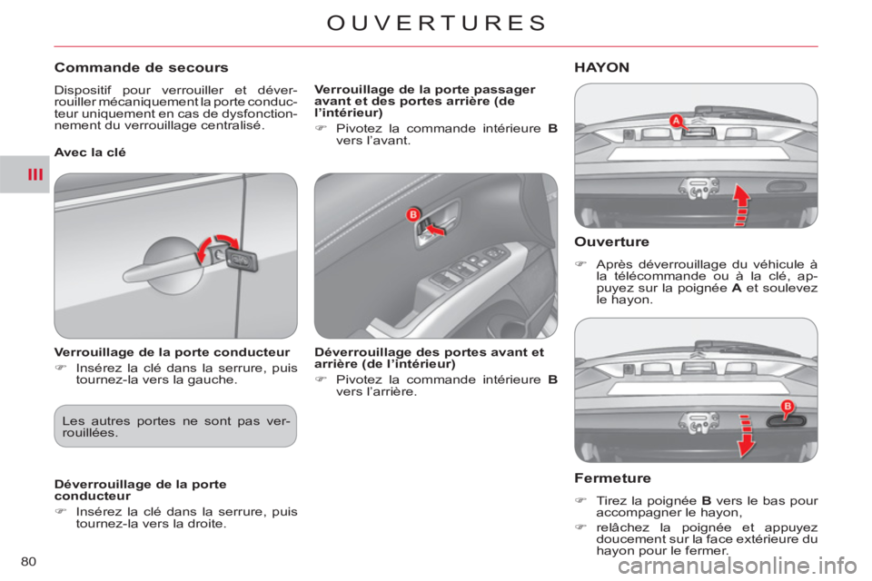 CITROEN C-CROSSER 2012  Notices Demploi (in French) III
OUVERTURES
80
   
Ouverture
 
 
 
�) 
  Après déverrouillage du véhicule à 
la télécommande ou à la clé, ap-
puyez sur la poignée  A 
 et soulevez 
le hayon.  
 
HAYON
   
Fermeture 
 
 
