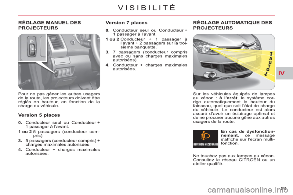 CITROEN C-CROSSER 2012 Notices Demploi (in French) IV
VISIBILITÉ
89
RÉGLAGE MANUEL DES
PROJECTEURS
Pour ne pas gêner les autres usagers
de la route, les projecteurs doivent être
réglés en hauteur, en fonction de la
charge du véhicule. CITROEN C-CROSSER 2012 Notices Demploi (in French) IV
VISIBILITÉ
89
RÉGLAGE MANUEL DES
PROJECTEURS
Pour ne pas gêner les autres usagers
de la route, les projecteurs doivent être
réglés en hauteur, en fonction de la
charge du véhicule.