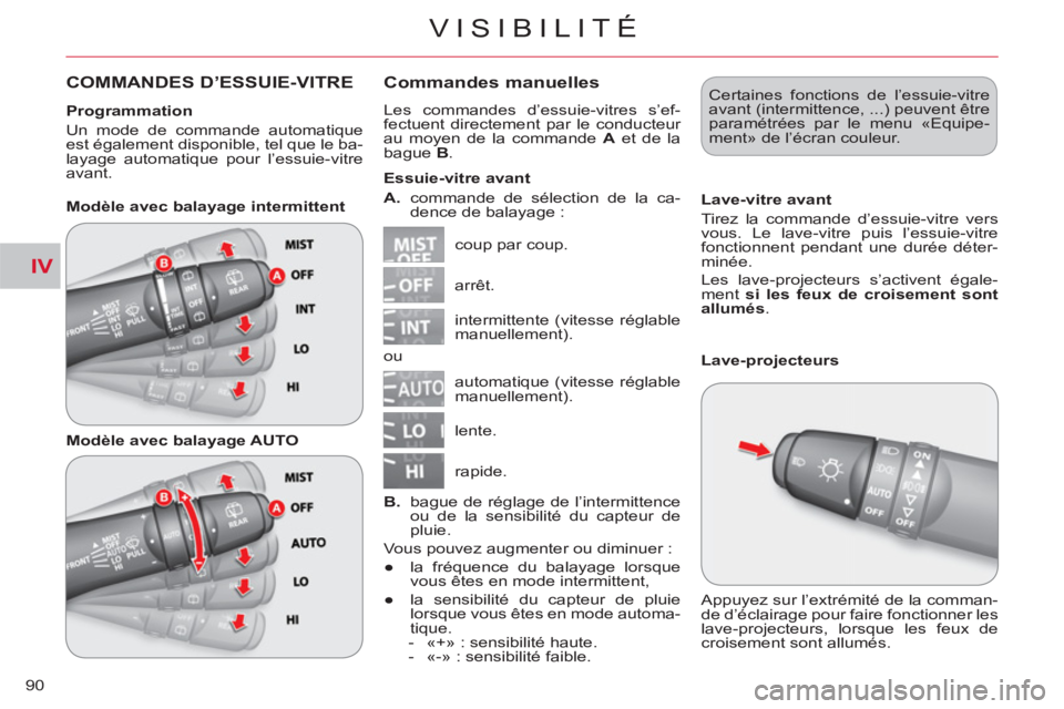 CITROEN C-CROSSER 2012 Notices Demploi (in French) IV
VISIBILITÉ
90
COMMANDES D’ESSUIE-VITRE Commandes manuelles
Les commandes d’essuie-vitres s’ef-
fectuent directement par le conducteur
au moyen de la commande A
et de la
bague B
. CITROEN C-CROSSER 2012 Notices Demploi (in French) IV
VISIBILITÉ
90
COMMANDES D’ESSUIE-VITRE Commandes manuelles
Les commandes d’essuie-vitres s’ef-
fectuent directement par le conducteur
au moyen de la commande A
et de la
bague B
.