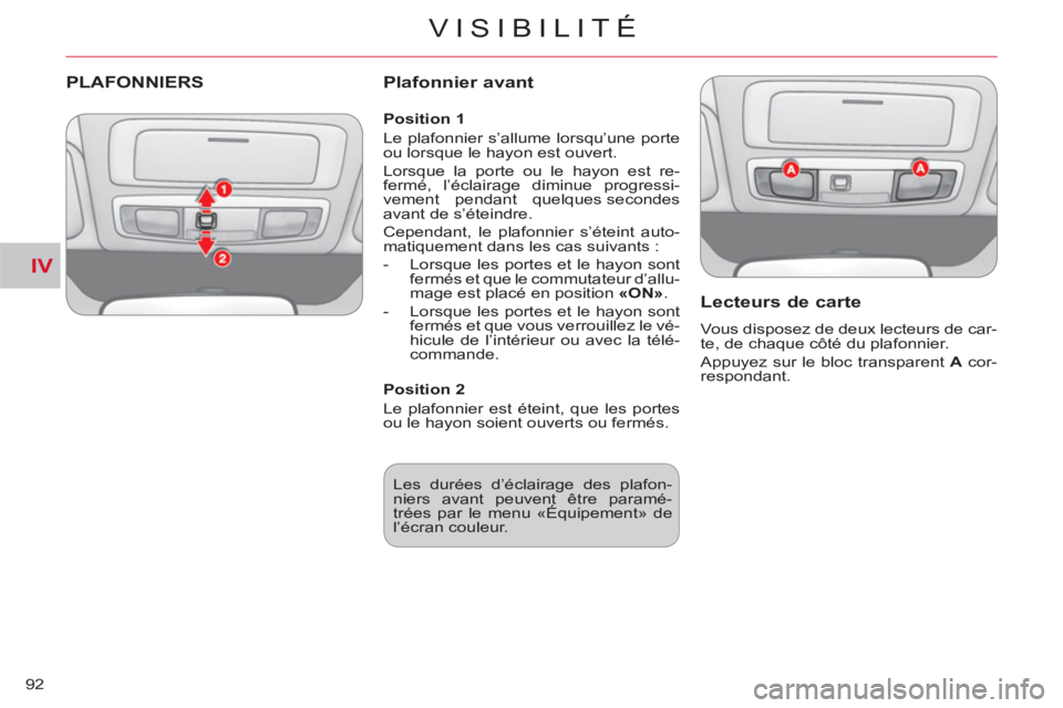 CITROEN C-CROSSER 2012 Notices Demploi (in French) IV
VISIBILITÉ
92
PLAFONNIERS
Plafonnier avant
Lecteurs
de carte
Vous disposez de deux lecteurs de car-
te, de chaque côté du plafonnier.
Appuyez sur le bloc transparent A
cor-
respo CITROEN C-CROSSER 2012 Notices Demploi (in French) IV
VISIBILITÉ
92
PLAFONNIERS
Plafonnier avant
Lecteurs
de carte
Vous disposez de deux lecteurs de car-
te, de chaque côté du plafonnier.
Appuyez sur le bloc transparent A
cor-
respo